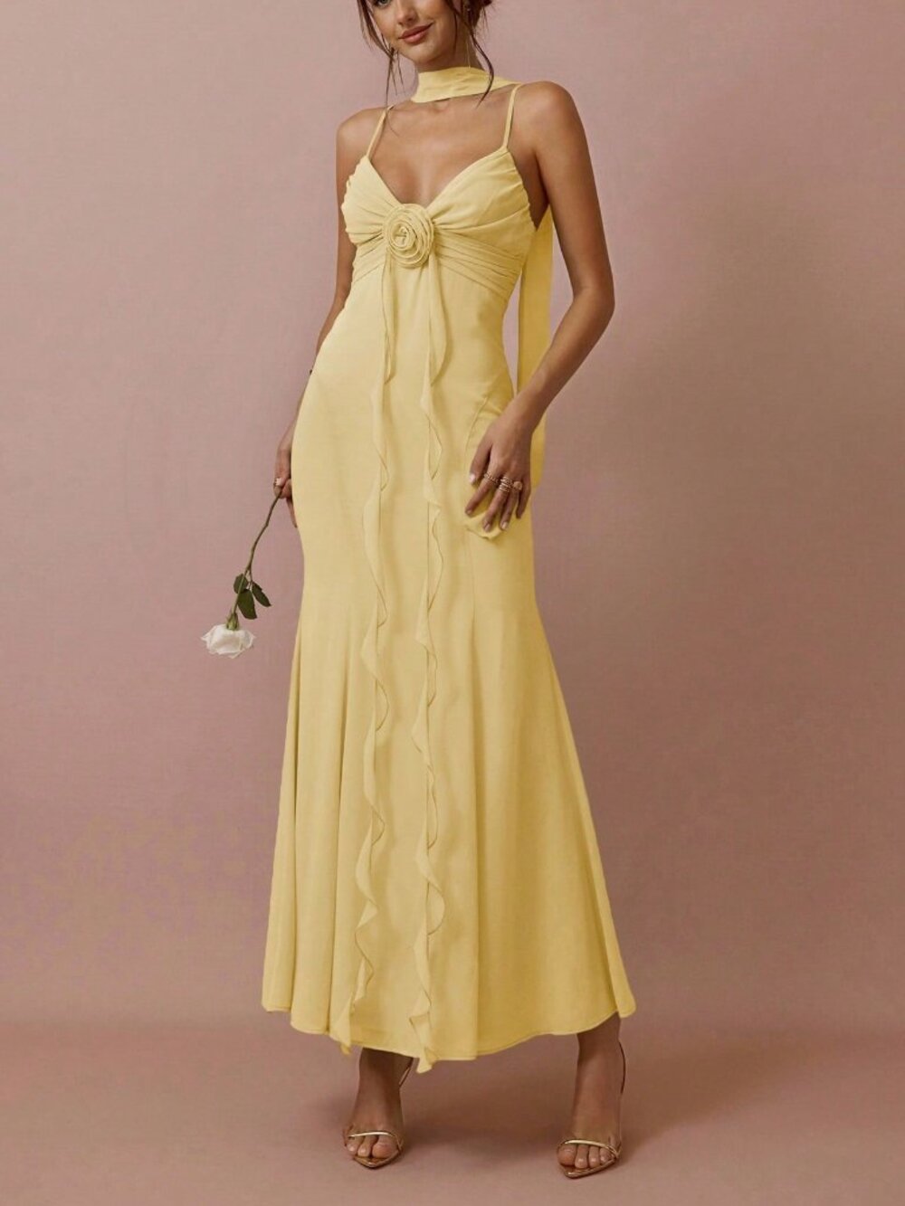 Yellow Sexy Women's Adjustable Strap Flowery Decor Waist Cinched Long Dress